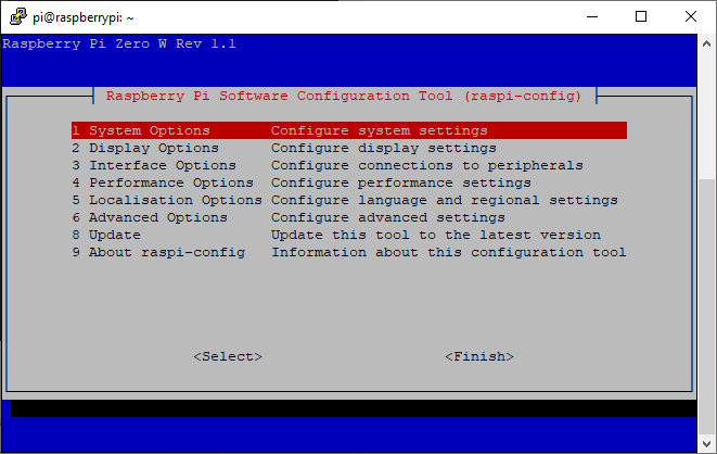 Screenshot of the rasp-config window.