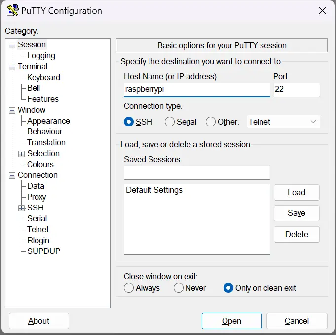 Screenshot of Putty Software settings.